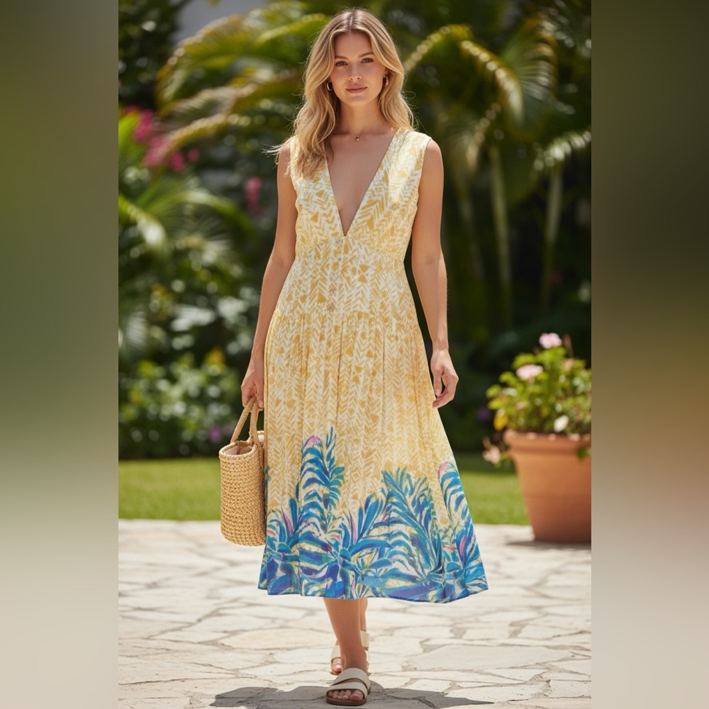 Free People Hot House Tropical Floral Deep-V front and Back Midi Dress Size: 12